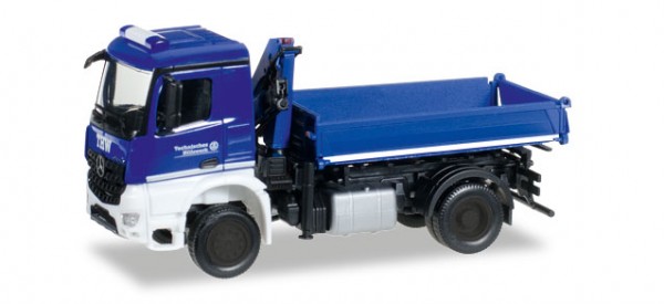 092562-1//87 Herpa Mercedes Arocs THW Dreiseitenkipper mit Kran